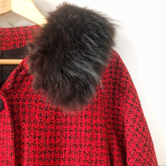 Vintage Red Coat Dark Fur Collar Women M Oversized - Picture 4 of 11